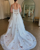 Elegant White A-line Strap Printed Tulle Wedding Dress with Train HZ1024