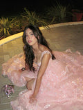 Elegant Pink A-line Strap Slit Layered Shiny Ball Gown Evening Dress HZ1024