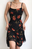 Vintage Black Print Spaghetti Strap Chiffon Knee Length Homecoming Dress HZ1024