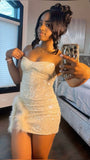 Sparkling White Off-The-Shoulder Strapless Sequined Short Homecoming Dress HZ1024