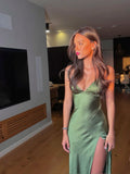 Simple Soft Satin Green Mermaid Off-the-shoulder High Slit Ball Gown Evening Dress HZ1024
