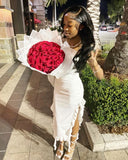 Simple White Mermaid Off-shoulder Strapless Slit Ruffled Ball Gown Evening Dress HZ1024