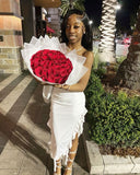 Simple White Mermaid Off-shoulder Strapless Slit Ruffled Ball Gown Evening Dress HZ1024