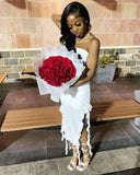 Simple White Mermaid Off-shoulder Strapless Slit Ruffled Ball Gown Evening Dress HZ1024