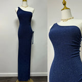 Navy Blue One Shoulder High Slit Sequin Floor Length Formal Ball Gown Evening Dress HZ1024