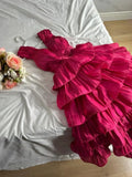 Vintage Pink V Neck Layered Tea Length Evening Gown Homecoming Dress HZ1024