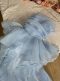 Elegant Blue A-line Sleeveless Ruffled Tulle Formal Prom Gown Evening Dress HZ1024