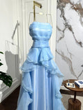 Elegant Blue A-line Sleeveless Ruffled Tulle Formal Prom Gown Evening Dress HZ1024
