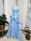 Elegant Blue A-line Sleeveless Ruffled Tulle Formal Prom Gown Evening Dress HZ1024