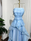 Elegant Blue A-line Sleeveless Ruffled Tulle Formal Prom Gown Evening Dress HZ1024