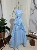 Elegant Blue A-line Sleeveless Ruffled Tulle Formal Prom Gown Evening Dress HZ1024
