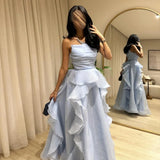 Elegant Blue A-line Sleeveless Ruffled Tulle Formal Prom Gown Evening Dress HZ1024