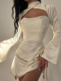 Sexy Long Sleeve White Satin Short Dress Homecoming Dress HZ1024