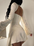 Sexy Long Sleeve White Satin Short Dress Homecoming Dress HZ1024