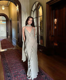 Elegant green V-neck A-line spaghetti strap ruffled chiffon bridesmaid dress evening gown HZ1024