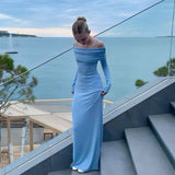 Elegant Off Shoulder Maxi Dress Blue Sexy Bodycon Long Sleeve Party Dress Prom Dress HZ1024