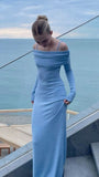 Elegant Off Shoulder Maxi Dress Blue Sexy Bodycon Long Sleeve Party Dress Prom Dress HZ1024