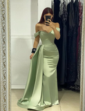 Charming Green Off-The-Shoulder Mermaid Satin Floor-Length Ball Gown Evening Dress HZ1024