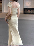Elegant Light Yellow Mermaid Short Sleeve Chiffon Ankle-Length Dress Ball Gown HZ1024