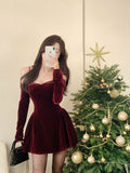 Burgundy A-line Off-shoulder Long Sleeve Velvet Mini Party Dress Homecoming Dress HZ1024