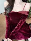 Burgundy A-line Off-shoulder Long Sleeve Velvet Mini Party Dress Homecoming Dress HZ1024