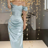 Elegant Blue Mermaid Off Shoulder Slit Formal Bridesmaids Prom Dress HZ1024