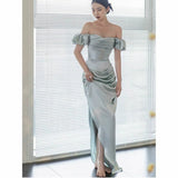 Elegant Blue Mermaid Off Shoulder Slit Formal Bridesmaids Prom Dress HZ1024