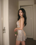 Sexy Champagne Mermaid Spaghetti Straps Sparkling Slit Mini Party Dress Homecoming Dress HZ1024