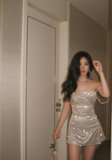 Sexy Champagne Mermaid Spaghetti Straps Sparkling Slit Mini Party Dress Homecoming Dress HZ1024