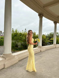 Elegant Yellow Spaghetti Strap Sleeveless Slit Mermaid Ball Gown Bridesmaid Dress HZ1024