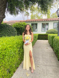 Elegant Yellow Spaghetti Strap Sleeveless Slit Mermaid Ball Gown Bridesmaid Dress HZ1024