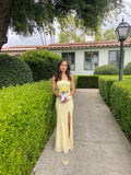 Elegant Yellow Spaghetti Strap Sleeveless Slit Mermaid Ball Gown Bridesmaid Dress HZ1024