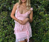 Sexy Pink Two Piece Low Cut Chiffon Ruffle Party Dress Homecoming Dress HZ1024