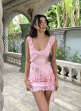 Sexy Pink Two Piece Low Cut Chiffon Ruffle Party Dress Homecoming Dress HZ1024