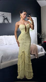 Chic Light Yellow Off-the-shoulder Sleeveless Slit Mermaid Floor-length Ball Gown Evening Dress HZ1024