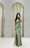 Simple Green Satin Off Shoulder Slit Mermaid Formal Prom Dress Evening Gown HZ1024