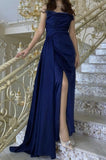 Simple Royal Blue Strapless Satin Slit Formal Prom Dress Evening Gown HZ1024