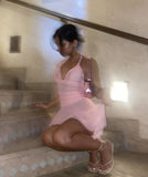 Charming Pink A-line Halter Neck Tulle Short Party Dress Prom Gown HZ1024