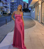 Simple Pink A-line Spaghetti Strap Satin Ball Gown Evening Dress HZ1024