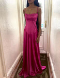 Simple Pink A-line Spaghetti Strap Satin Ball Gown Evening Dress HZ1024