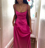 Simple Pink A-line Spaghetti Strap Satin Ball Gown Evening Dress HZ1024