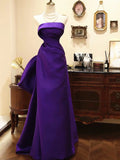 Purple Satin Scoop A-line Floor Length Party Dress, Purple Satin Long Prom Dress with Bow HZ1024