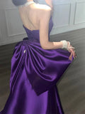 Purple Satin Scoop A-line Floor Length Party Dress, Purple Satin Long Prom Dress with Bow HZ1024