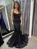 Black Satin Mermaid Straps Simple Long Party Dress, Black Satin Evening Dress HZ1024