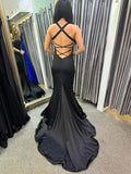 Black Satin Mermaid Straps Simple Long Party Dress, Black Satin Evening Dress HZ1024