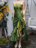 Cute Green Straps High Low Satin Chic Party Dress, Green Prom Dress Evening Dress HZ1024