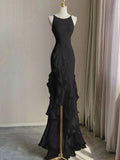 Black Round Neckline Low Back High Low Party Dress, Black Halter Prom Dress HZ1024