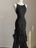 Black Round Neckline Low Back High Low Party Dress, Black Halter Prom Dress HZ1024
