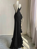 Black Round Neckline Low Back High Low Party Dress, Black Halter Prom Dress HZ1024