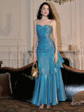 Blue Mermaid Long Sweetheart Floor Length Party Dress, Blue Satin Prom Dress HZ1024